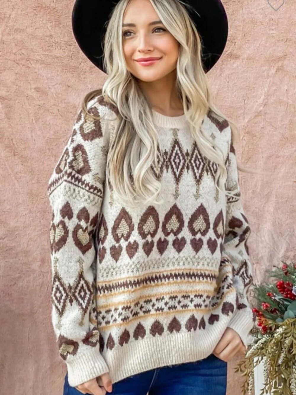 NWT ANDTHEWHY Heart Aztec Print Metallic Crewneck Sweater M/L Cream Fall Western
